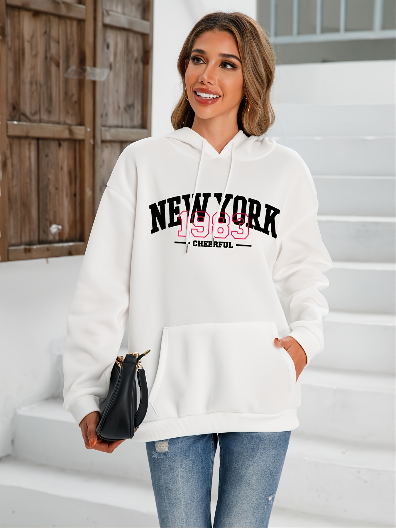 Letter Graphic Hooded Pocket Drawstring Sweatshirt, Women's Casual for Winter Fall Women's Clothing Hoodie, Pullover,Temu