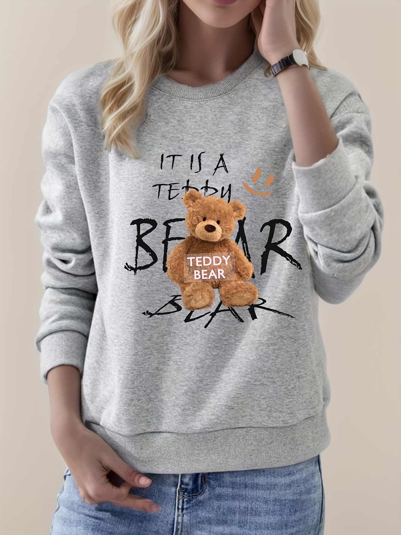 Teddy Bear Print T Shirt Long Sleeve Casual Top For Spring Fall