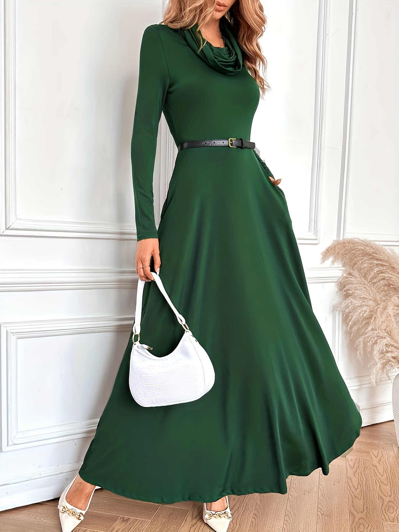 Solid Cowl Neck Dress、Elegant Long Sleeve Party Maxi Dress、Womens Clothing