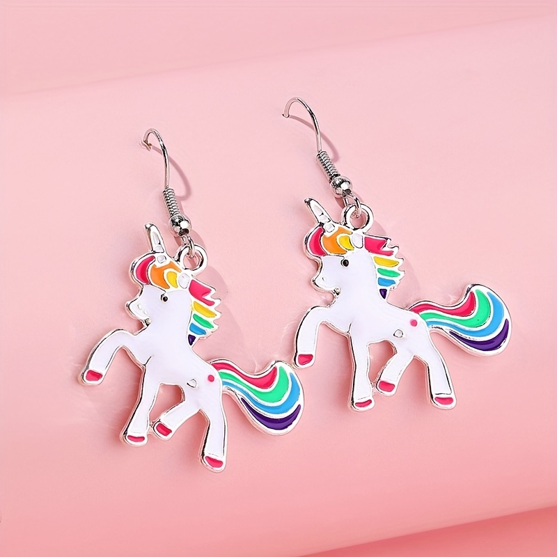 3Pcs/Set Multicolor Unicorn Pendant Necklace and Earrings Jewelry, Jewels Set, Birthday Gifts for Little Girls,Temu