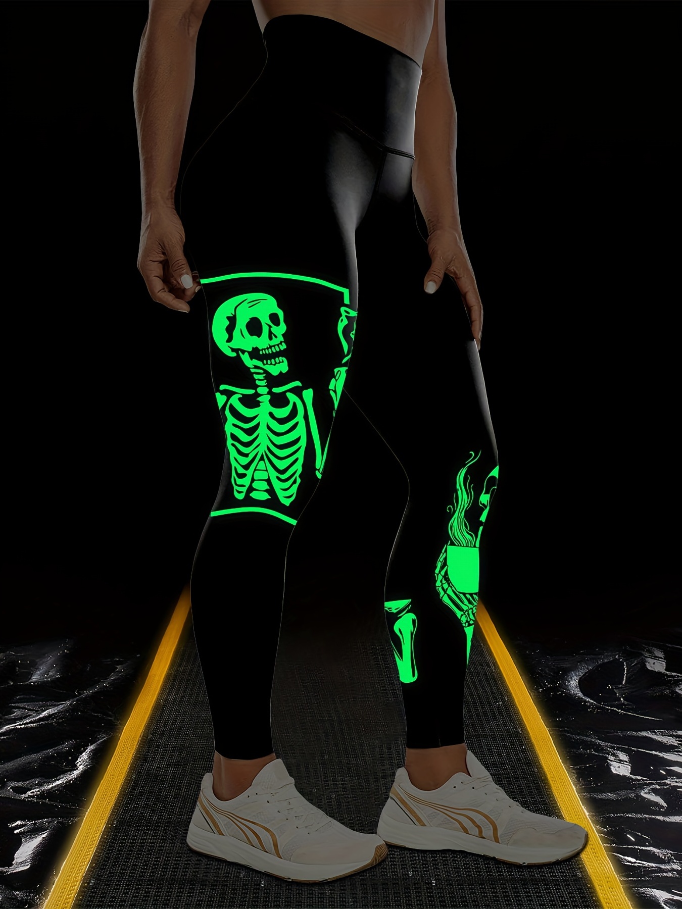 Halloween Skull Pattern Yoga Pants Glow In Dark High Waist - Temu