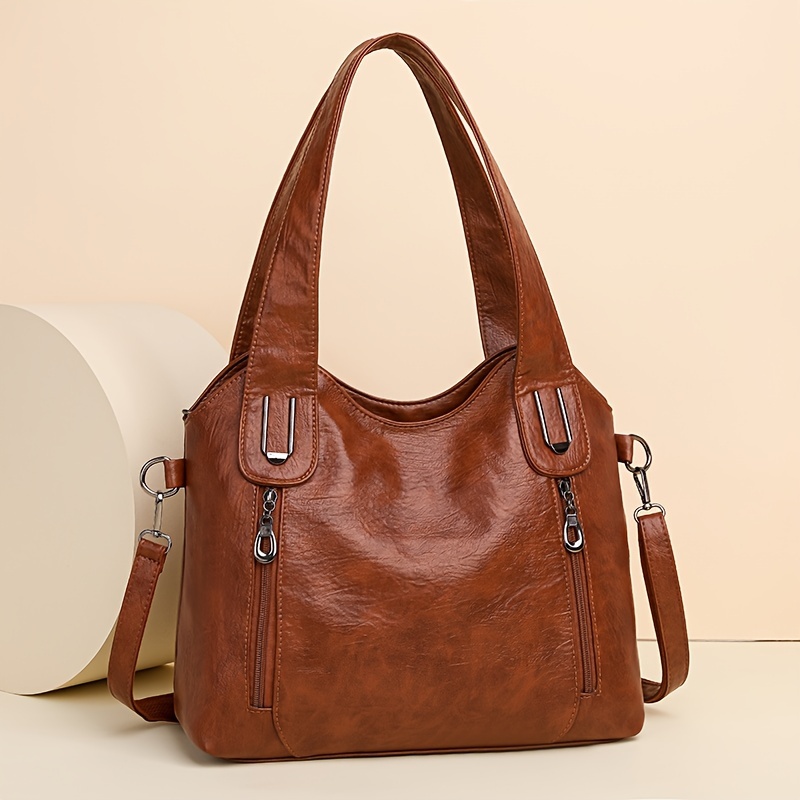 TEMU Fashion Solid Color Tote Bag, Retro Pu Leather Shoulder Bag, Zipper Front Crossbody Bag For Women