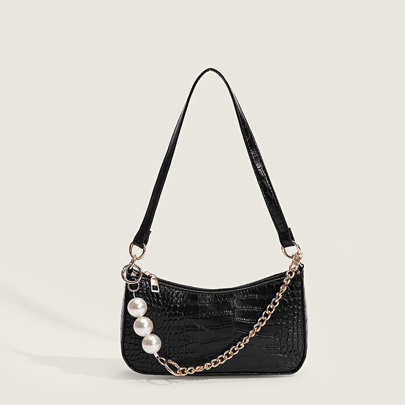 Black Croc-Embossed Crescent Hobo Bag - CHARLES & KEITH US