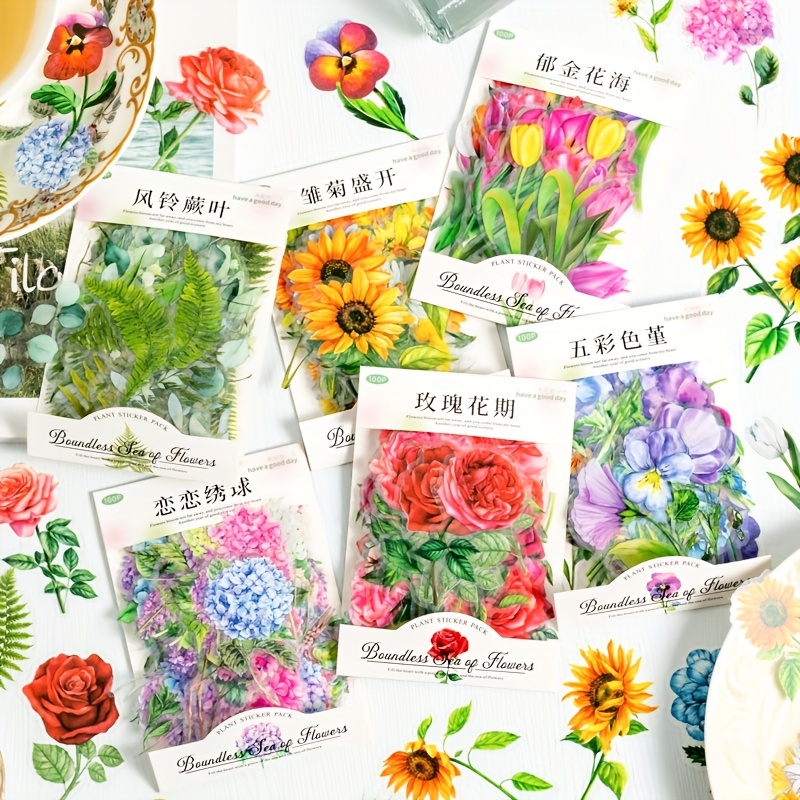 100 Pieces Of PET Stickers - Plant Flowers Waterproof Decoration Material Sticker