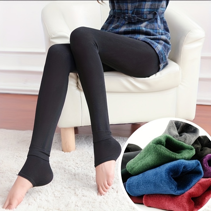 Solid Plush Lined Tights Opaque Thermal Pants High Waisted - Temu