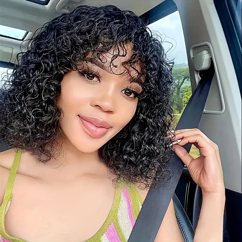 

Short Water Curly Human Hair Wig With Bangs 150% Density Brazilian Human Hair Glueless Wigs O Scalp Top Full Machine Made Wig For Women Water Wave Wigs Natural Color 10-18 Inch