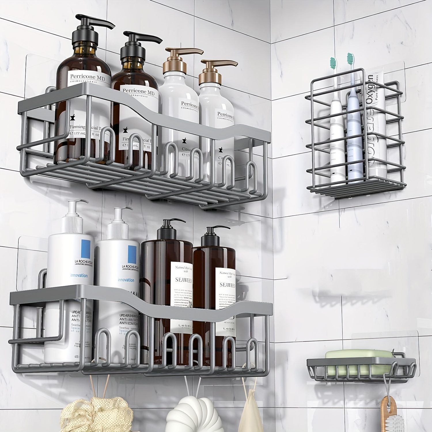 Stainless Steel Bathroom Corner Shower Caddy With 2 Hooks - Convenient  Storage Rack For Shampoo, Conditioner, And More - Temu Germany