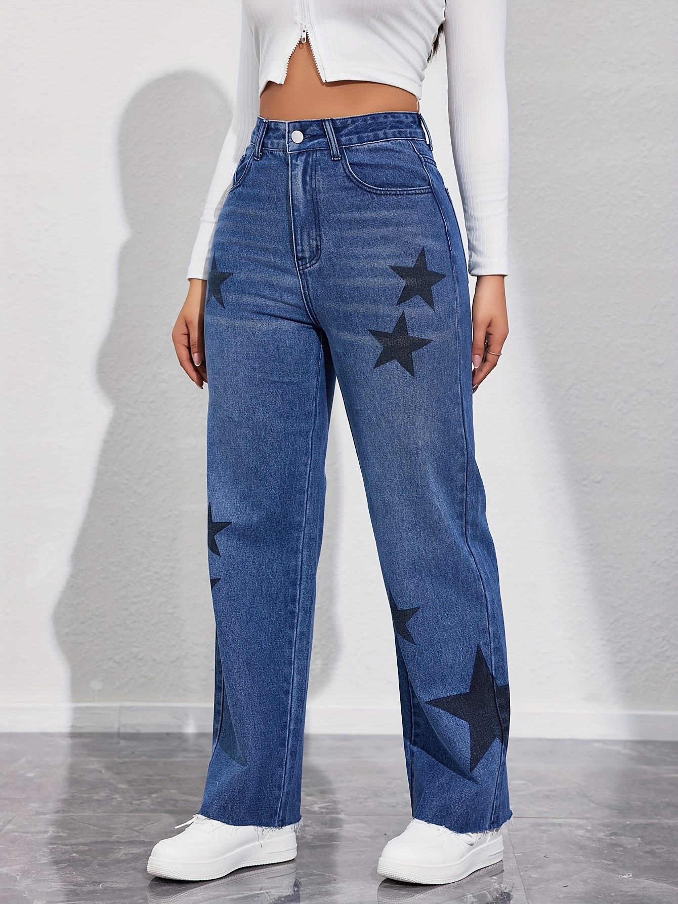 Jeans Retos Com Estampa De Estrela E Desenho Animado Ajuste - Temu