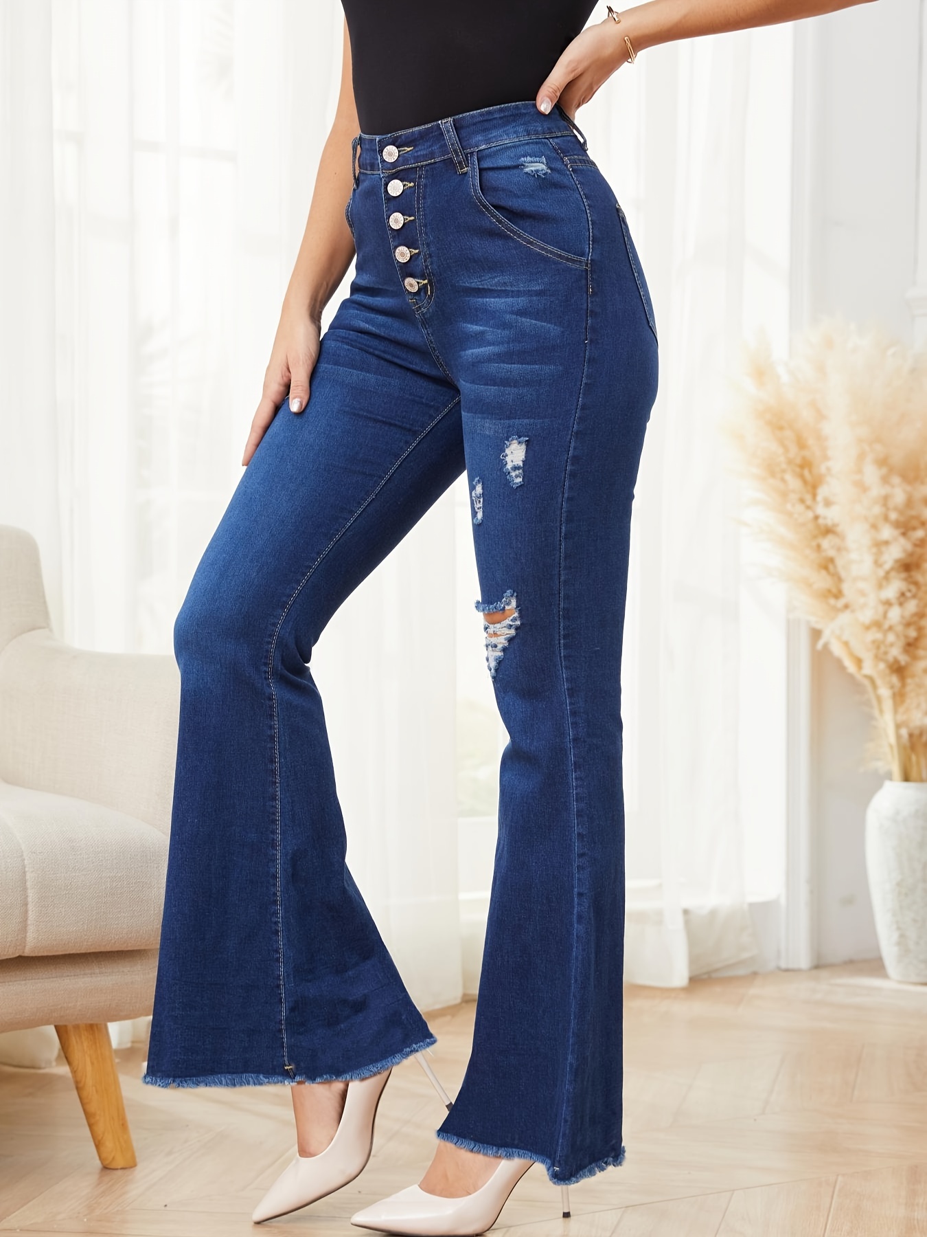 Dark Blue Distressed Flare Jeans Ripped Holes Hem Single - Temu South Africa