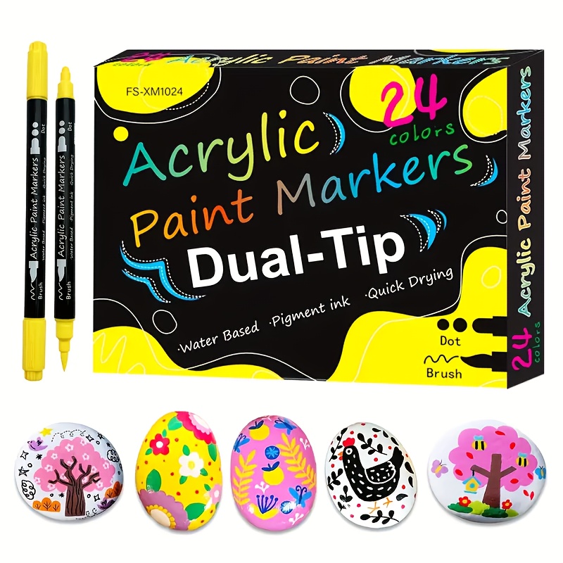 24 Colors Dual Tip Acrylic Paint Pens Paint Markers, With Fine Tip Medium  Tip, Paint Pens For Rock Painting, Ceramic, Wood, Fabric, Plastic, Canvas,  Glass, Mugs, Diy Crafts Making Art Supplies - Temu