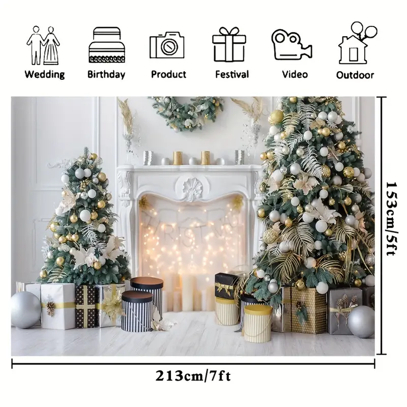 1pc christmas white fireplace gift christmas tree photography backdrop vinyl indoor living room winter christmas photography backdrop new years eve party photo studio props christmas decor christmas party decor supplies 7x5ft 8x6ft details 2