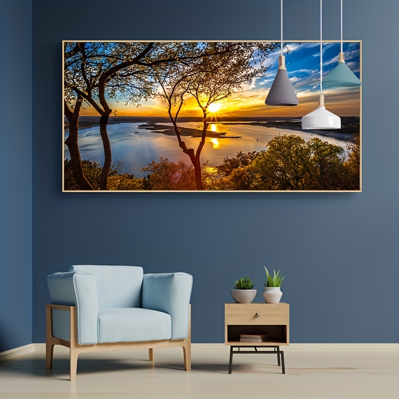 Sunset Mountain Modern Art Wall Decor for Living Room/Bedroom, Hill Natural  Handscape Orange Blue Sky Large Canvas Art Painting Framed Ready to Hang