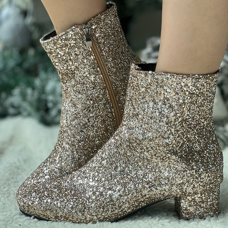 Women's Sequins Pattern Boots, Side Zipper Comfy Chunky Heel Closed Toe  Boots, Glitter Party Ankle Boots for Music Festival