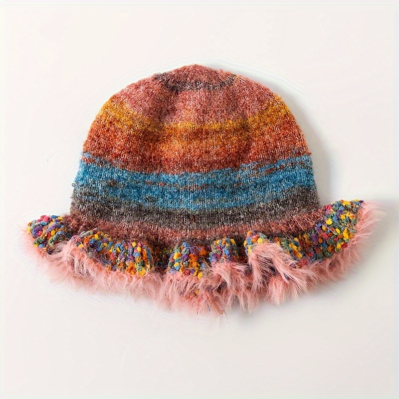 Vintage Rainbow Striped Bucket Hat Elegant Color Block Crochet Ruffle Basin Hats Lightweight Elastic Fisherman for Women Girls Autumn & Winter,Temu