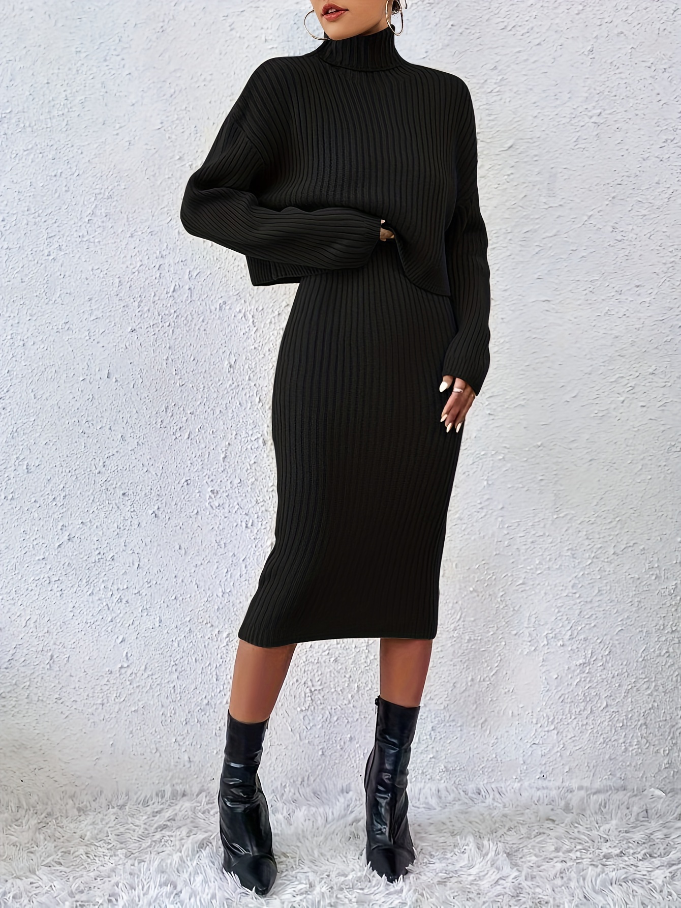 Solid Ribbed Two piece Set Funnel Neck Long Sleeve Tops High