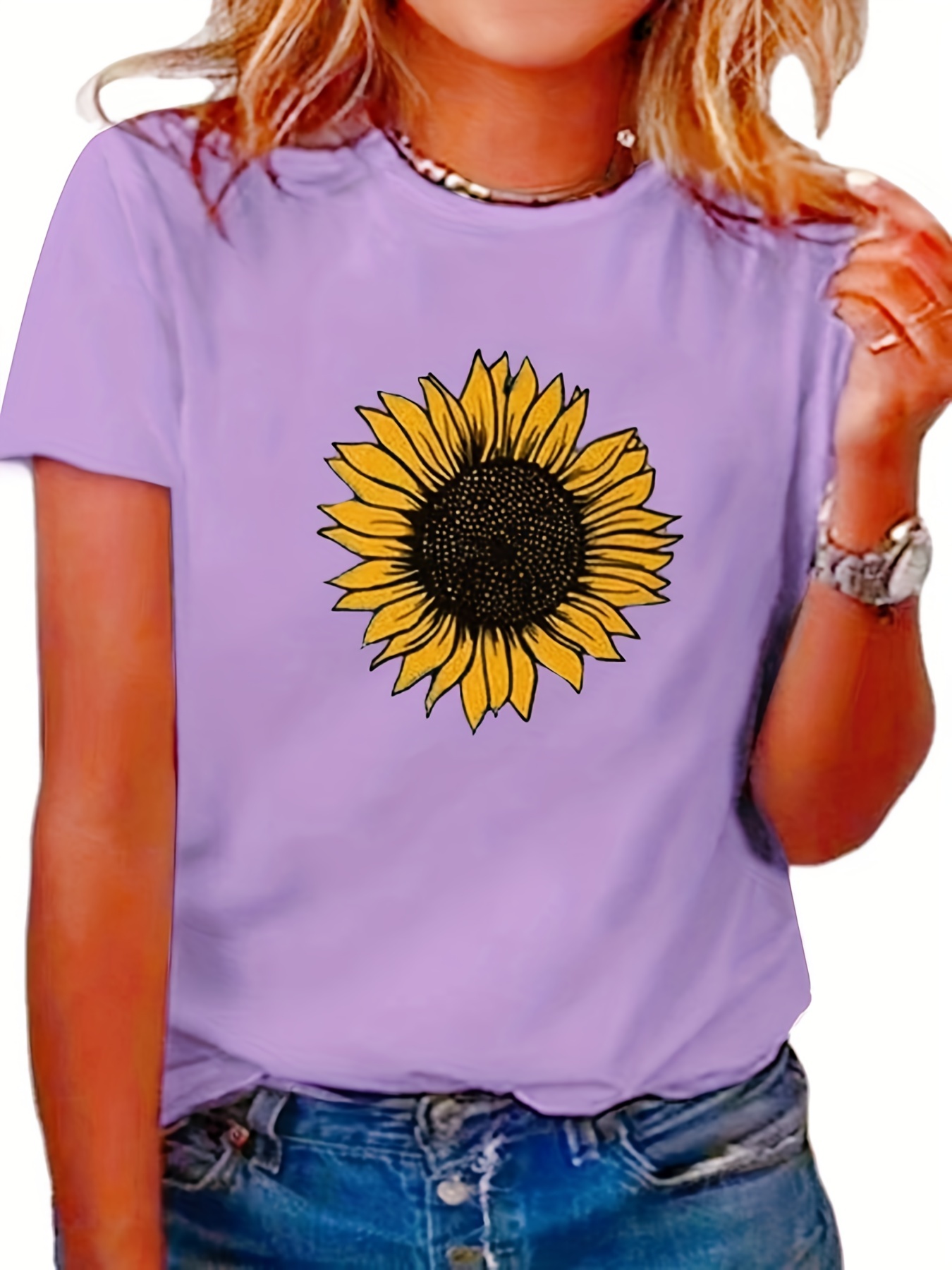 Plus Size Casual T Shirt Womens Plus Sunflower Print Short Temu Norway