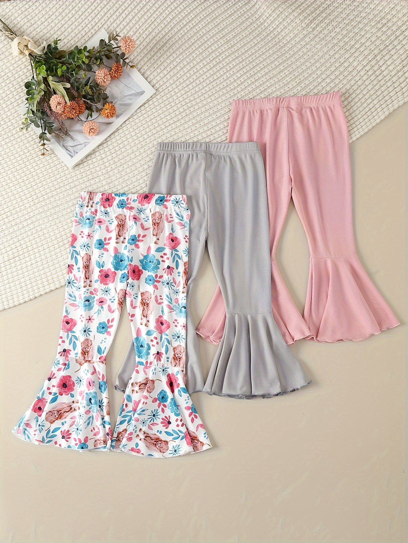 3-Pack Fashion Girl Rib-Knit Combination Flowers & Solid Color Casual  Bell-bottoms Pants