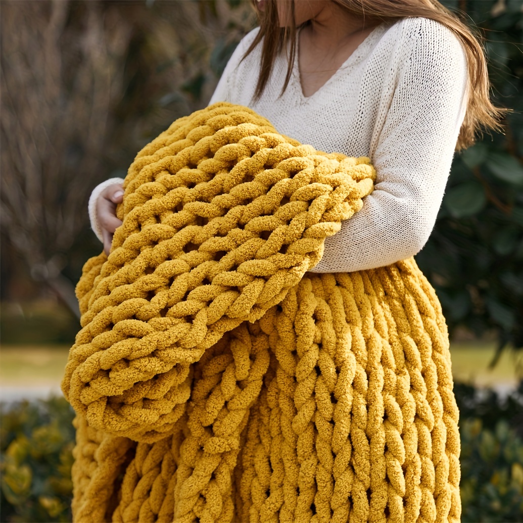 Chenille Stick Knitted Blanket, Soft Cozy Handmade Thick Wool