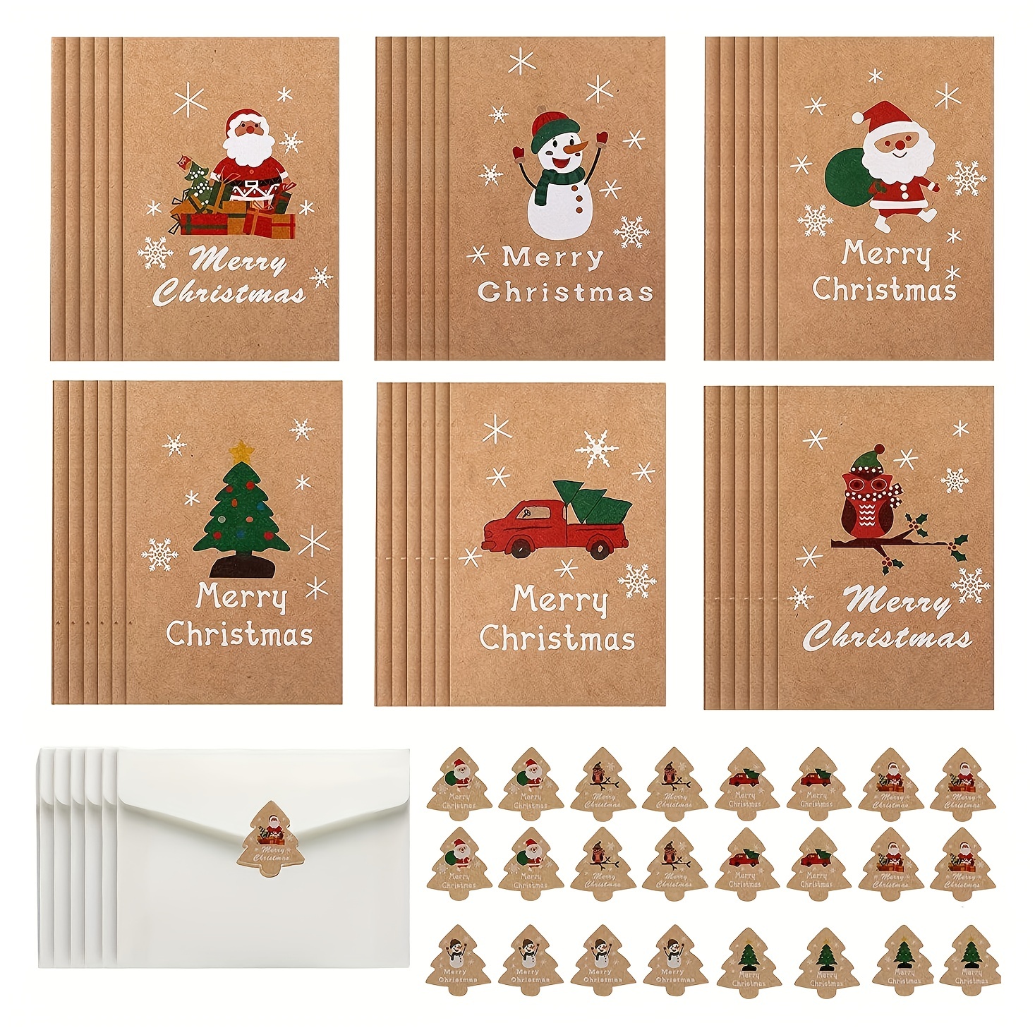 Ensemble de cartes de Noël 30 Pièces , Cartes de Noël + Enveloppe de Noël +  Sceau Autocollant, Enveloppes de Noël, Enveloppes en Papier Kraft, Cartes