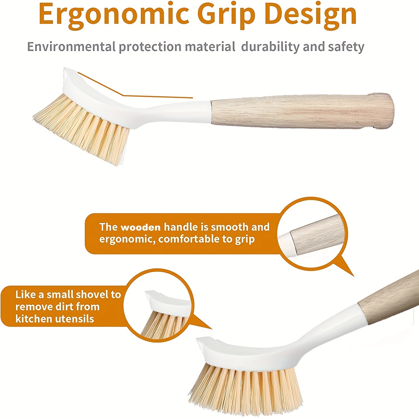 Dish Brush, Scrub Brush Cleaner with Bamboo Long Handle Good Grip