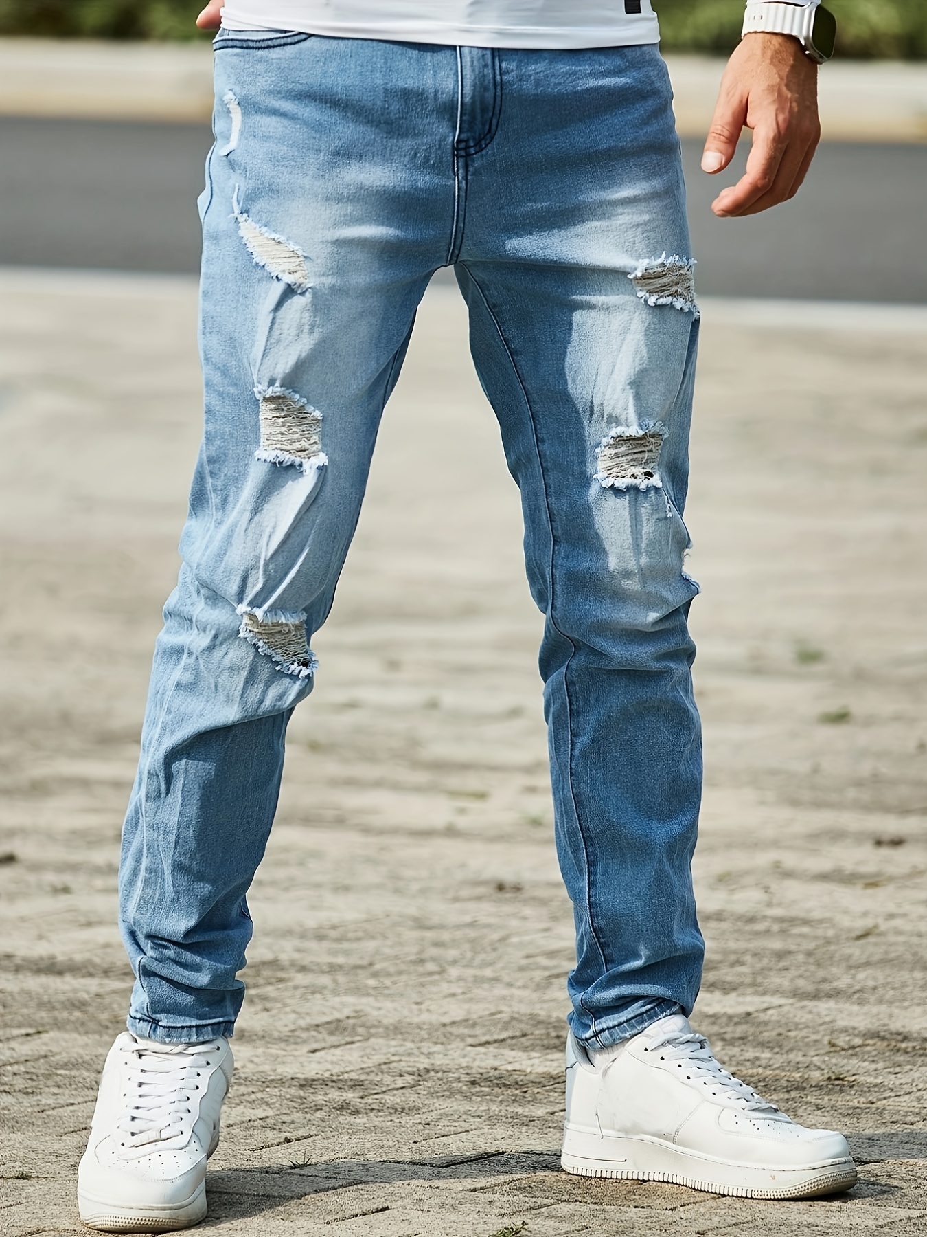 Loose Fit Ripped Jeans Men's Casual Street Style Distressed - Temu