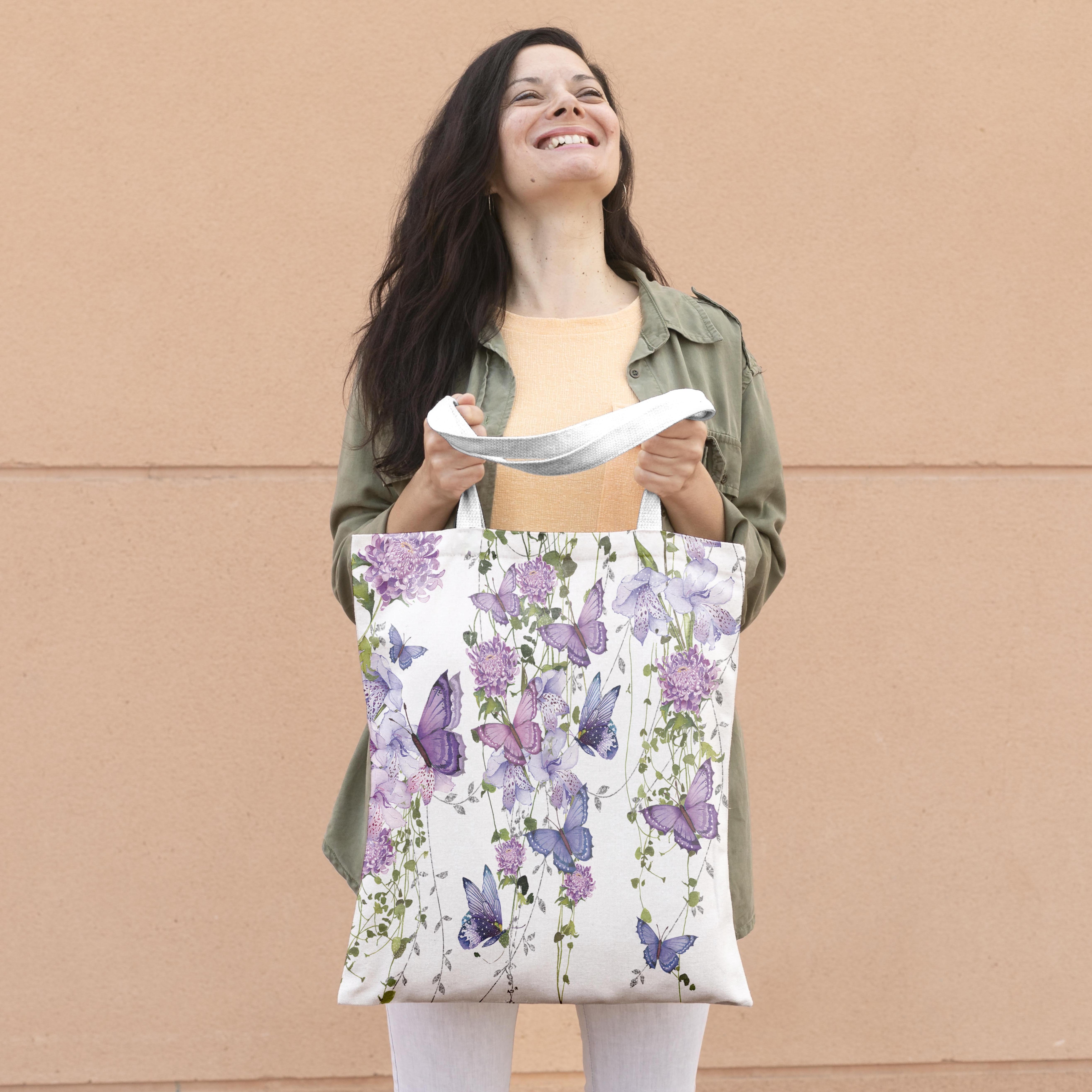 

Butterfly & Floral Printed Canvas Tote Bag, Fashion Durable Shopping Bag, Large Capacity Lightweight Shoulder Bag