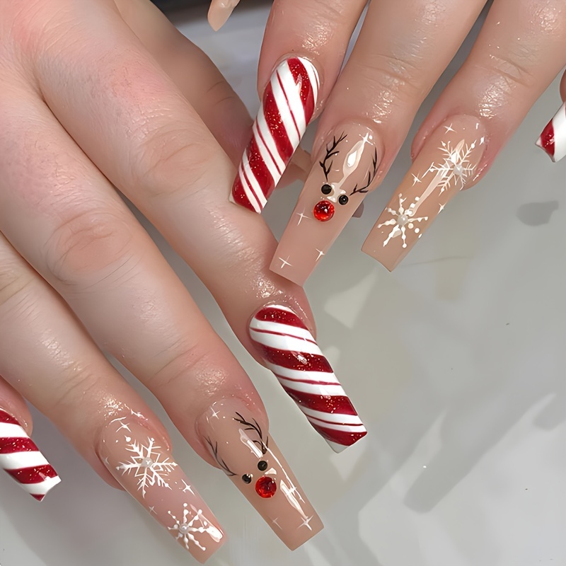 

24 Fake Nail Patches, Medium Length Christmas Elk Nail Patches, Christmas Red And White Striped Fake Nails, White Wearing Nails, , And Nail Files