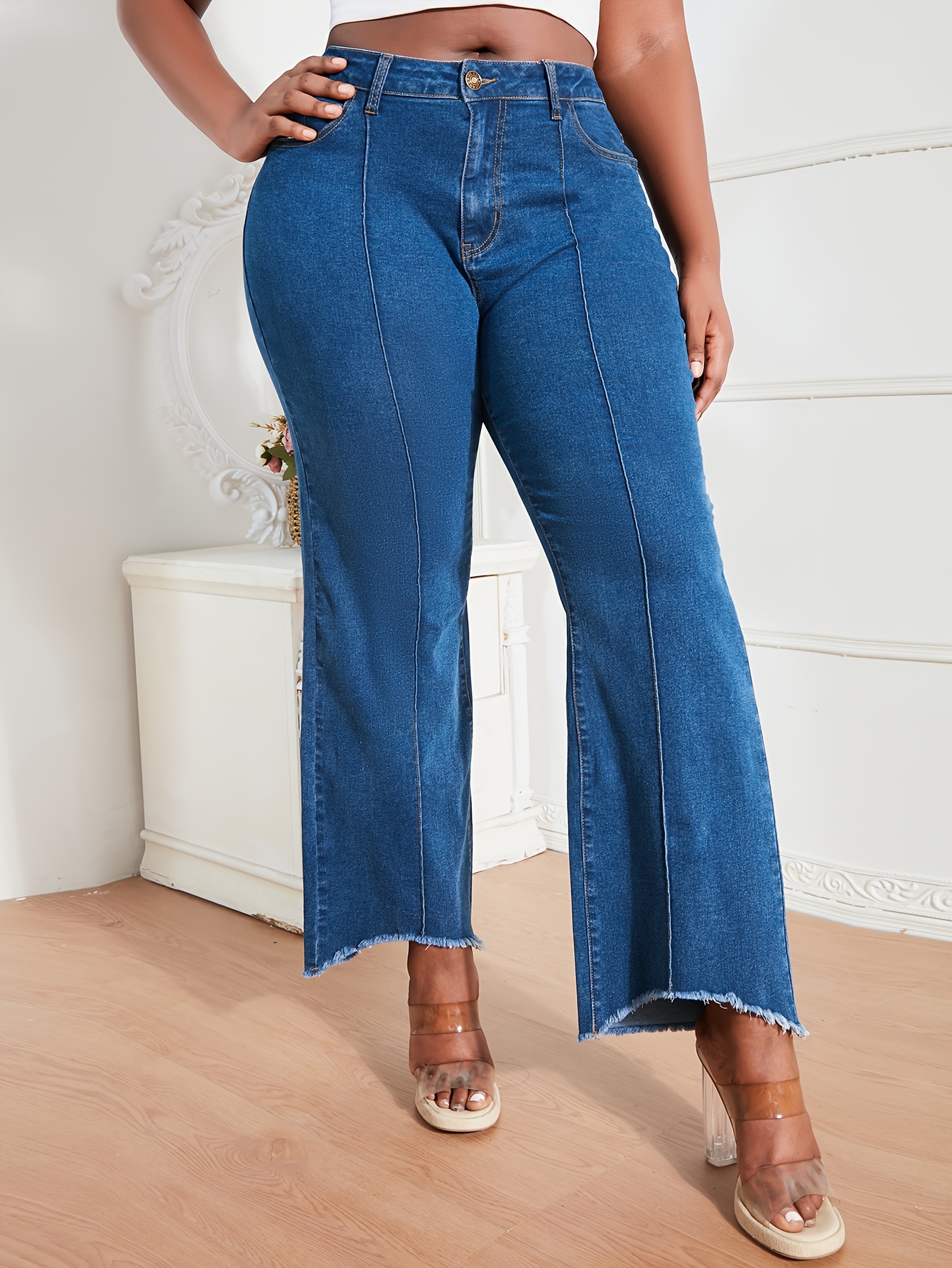 Plus Size Casual Jeans Women's Plus Solid Trim Button - Temu