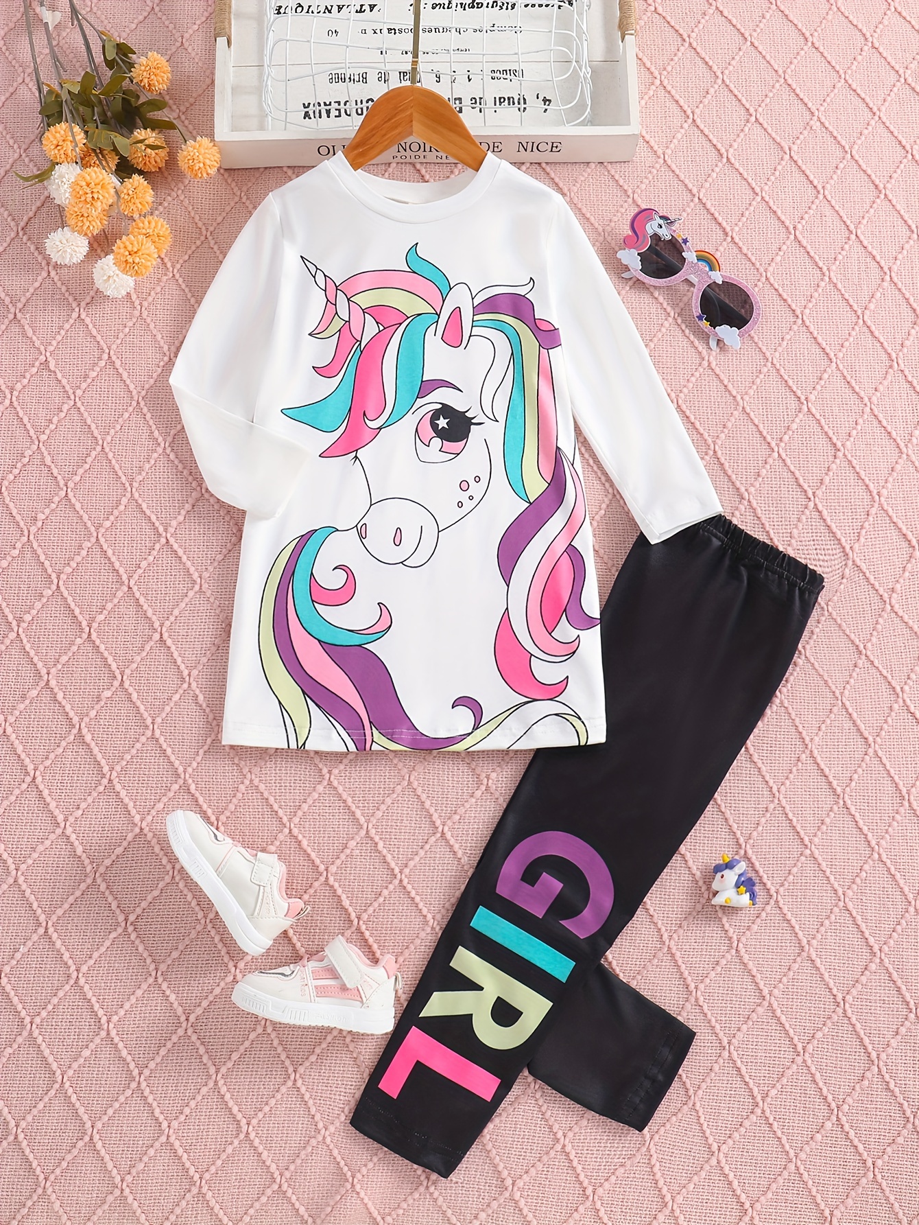 Girl's Trendy T shirt Flared Pants Set Cartoon Unicorn Print - Temu
