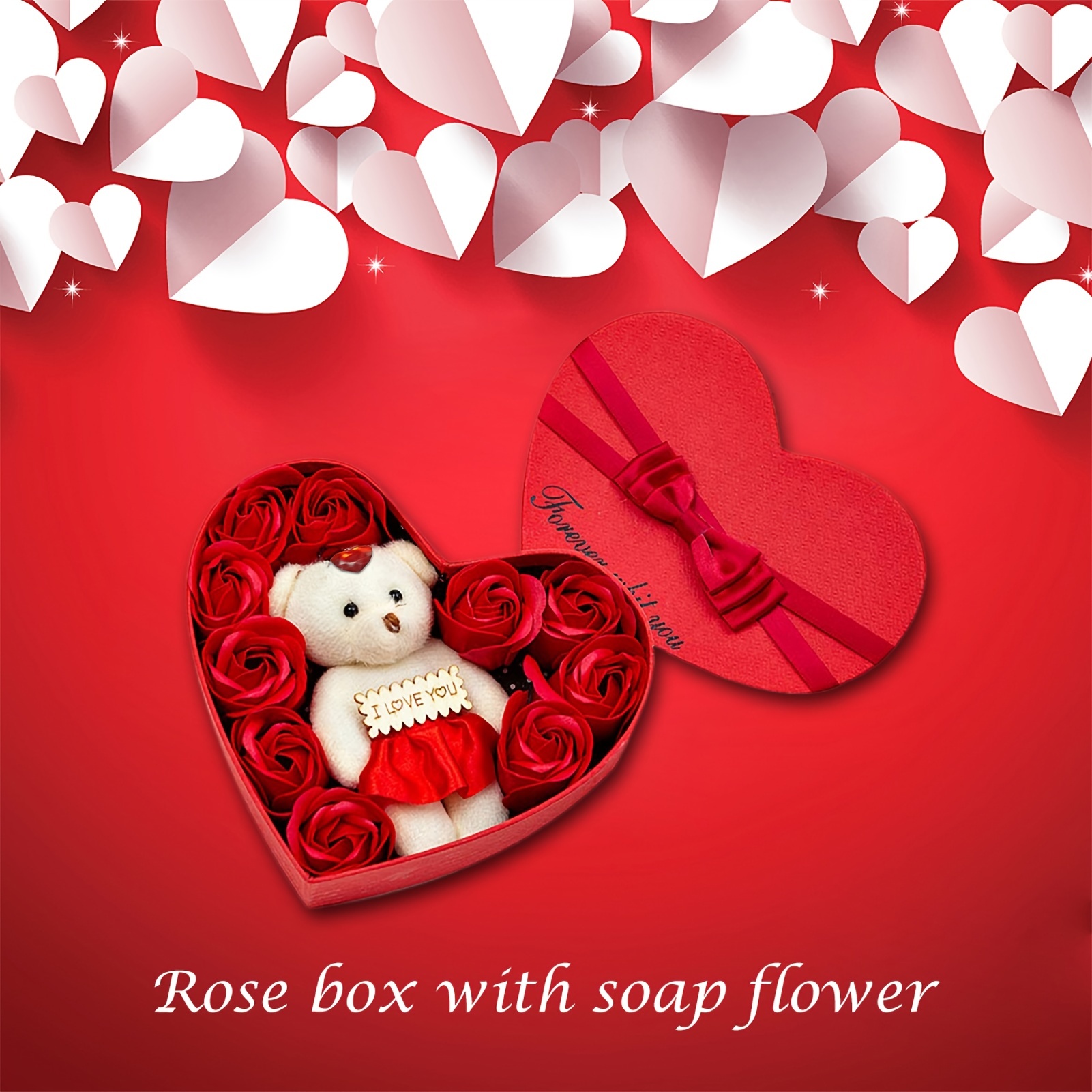 Caja de regalo con flores de jabón en forma de osito, ideal para Navidad,  cumpleaños, San Valentín, bodas o como regalo para novia, esposa o madre en