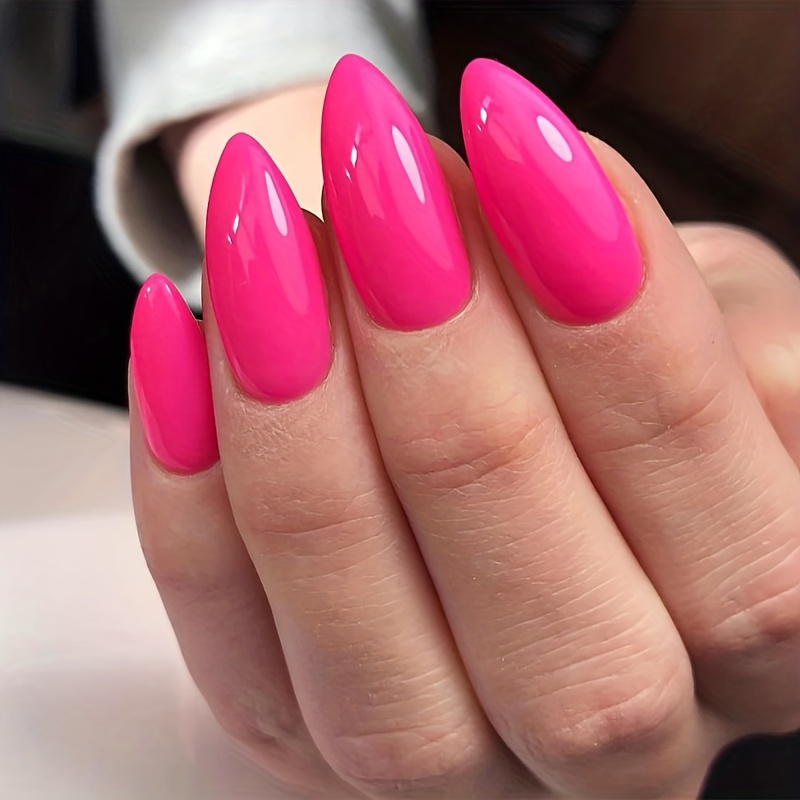 24pcs glossy medium almond shape fake nails solid color press on nails summer rose red full cover false nails for women girls details 0