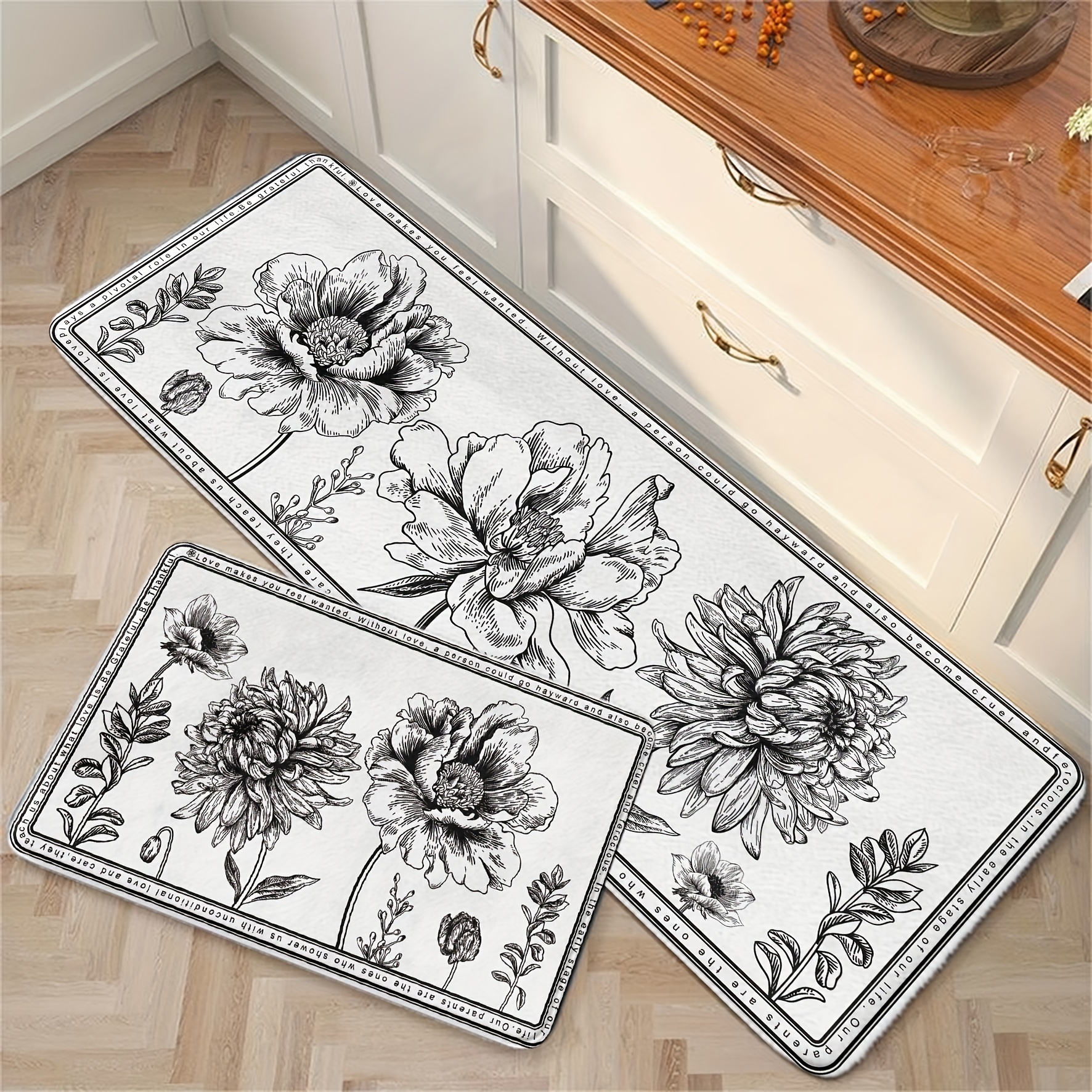 Fall Non-slip Bathroom Rug, Black White Floral Flower Vintage