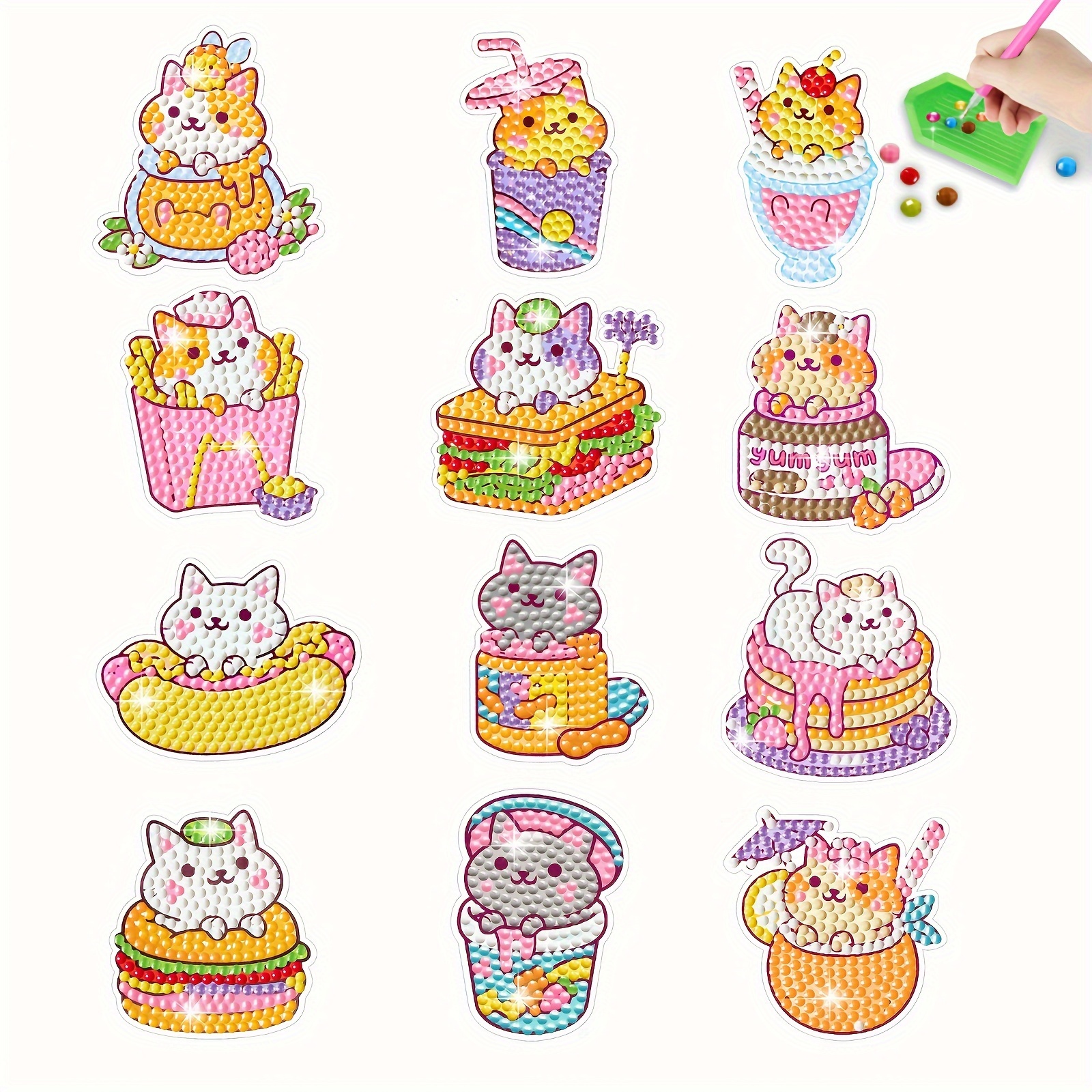

12pcs Diamond Painting Kits For Handwork Diy Cute Cat Diamond Art Sticker Craft With Gem Tool, Arts And Crafts, Best Mosaic Stickers Gift