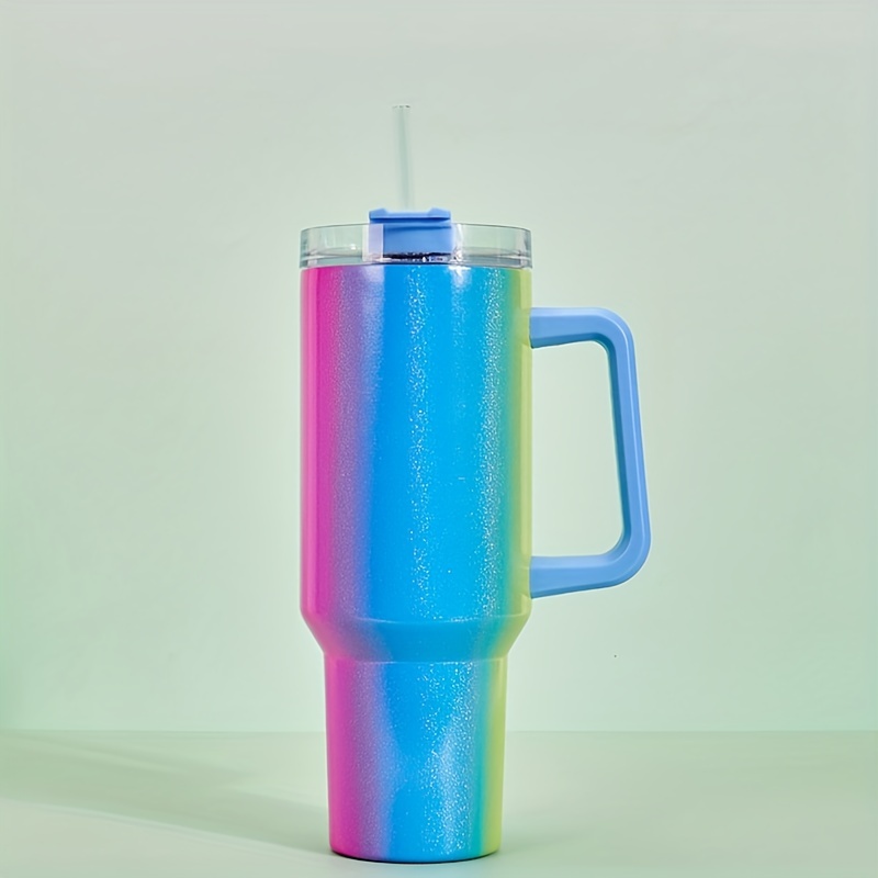 1pc 40oz Stainless Steel Insulated Cup With Straw, Lid, Rainbow