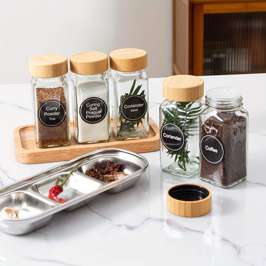 12Pcs Glass Spice Jars with Labels - Square Spice Bottles Containers,  Condiment Pot - Shaker Lids and Wooden lid - Silicone Collapsible Funnel