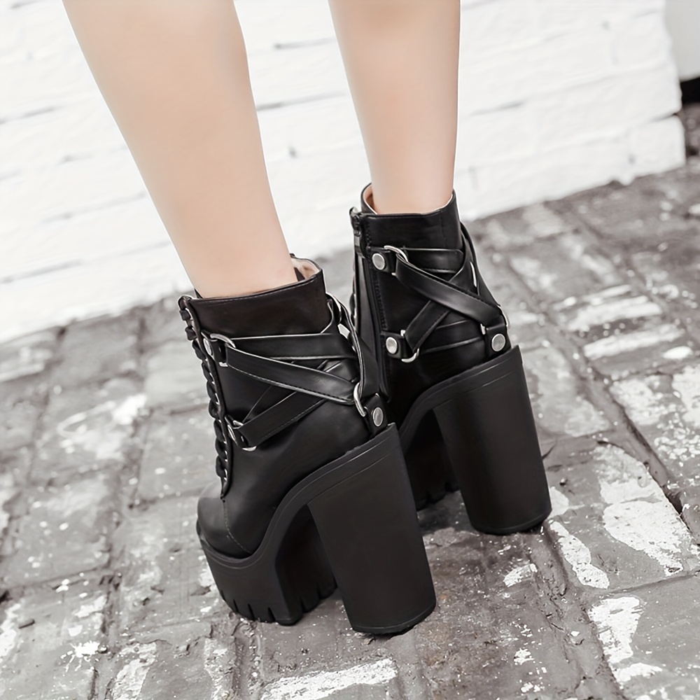 Fashion Chain Goth Platform Boots for Women Lace up Chunky Heeled Studded  Combat Motorcycle Ankle Booties 