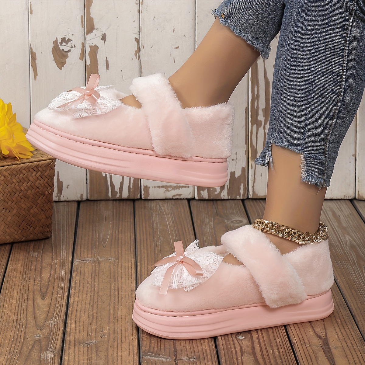 

Cute Bowknot Decor Platform Slippers, Casual Slip On Push Lined Shoes, Comfortable Indoor Home Slippers