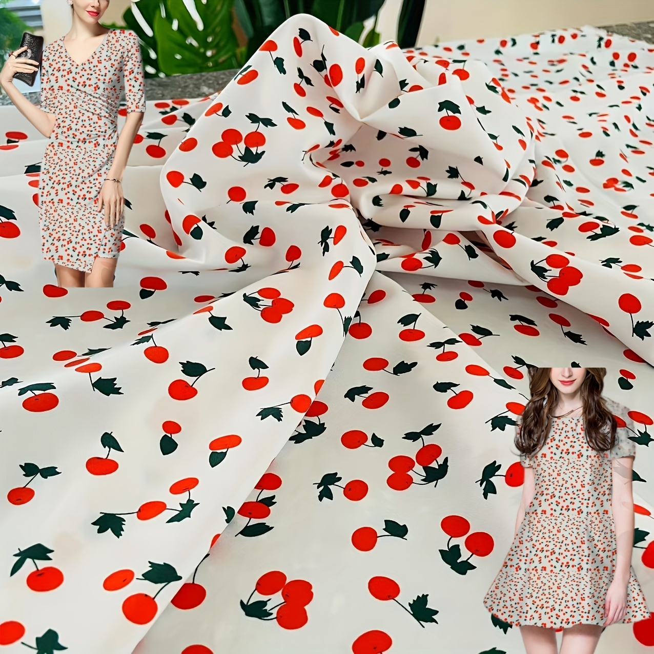 1pcs 1 Yard *57.09 Inch White Fruit Cherry Pattern Artificial Fabric, DIY  Handmade Fabric, DIY Clothing Pants Dress Fabric, DIY Quilt Single Set  Fabric, DIY Throw Pillow And Tablecloth