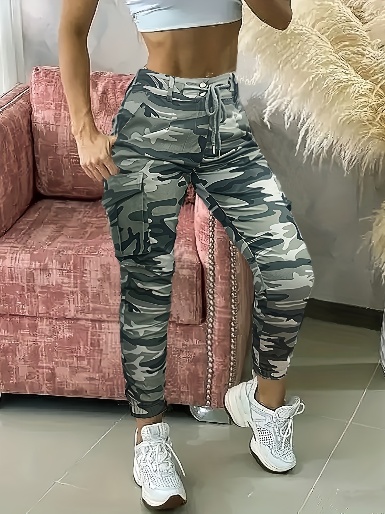 Camo Print Drawstring Baggy Joggers, Casual Hiogh Waist Pants For Spring &  Fall, Women's Clothing