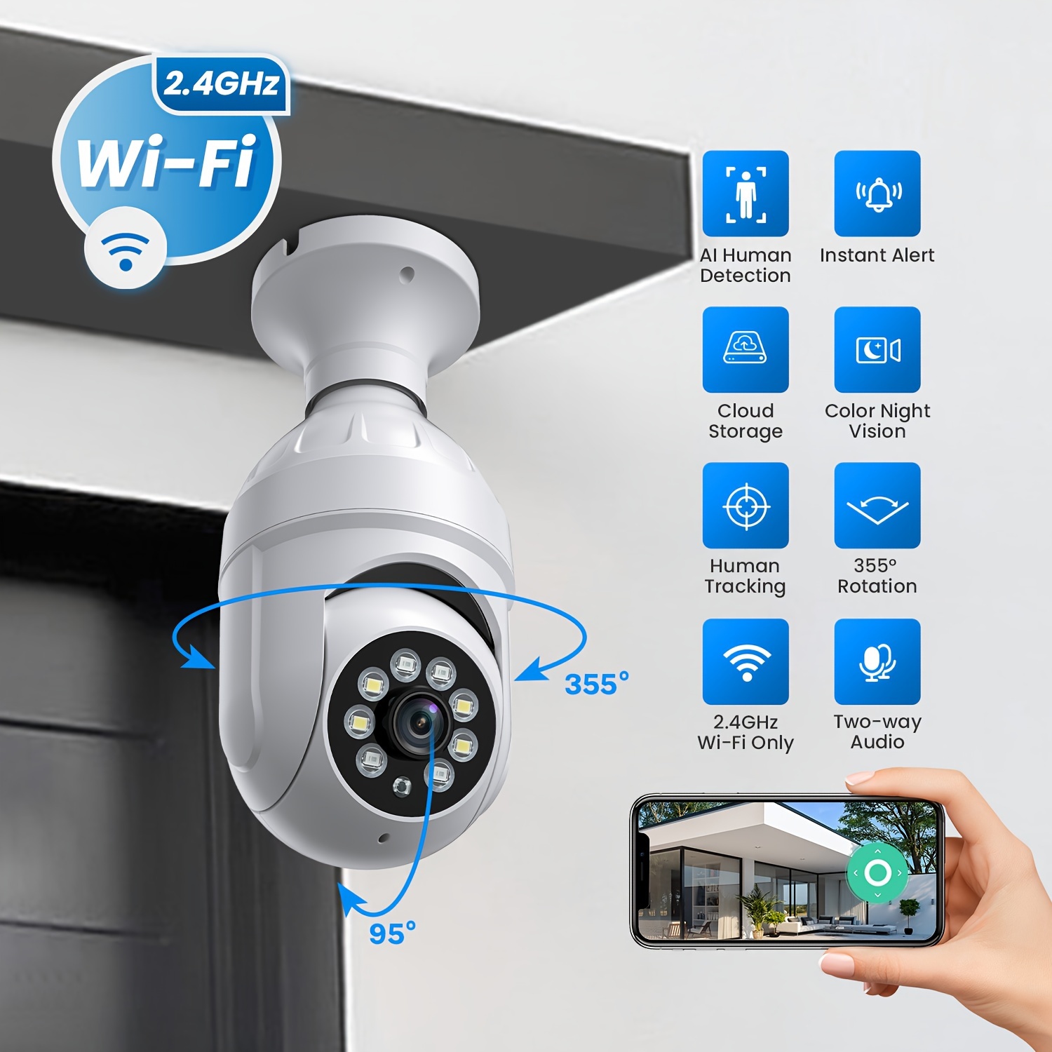 Cámara de bombilla, 1080P cámara de seguridad inalámbrica para el hogar,  360 grados 2.4GHz WiFi Smart vigilancia cam con detección de movimiento