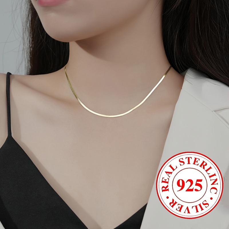 925 Sterling Silver Minimalist Flat Snake Chain Necklace, 18K Gold Plated Simple Chain Neck Jewelry, Jewels Gift,Necklace for Women,Temu