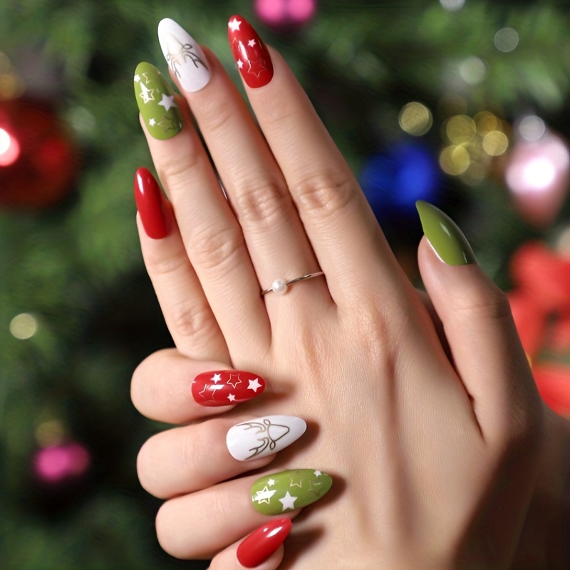 Christmas Red Green Press Nails White Nails Golden Star - Temu