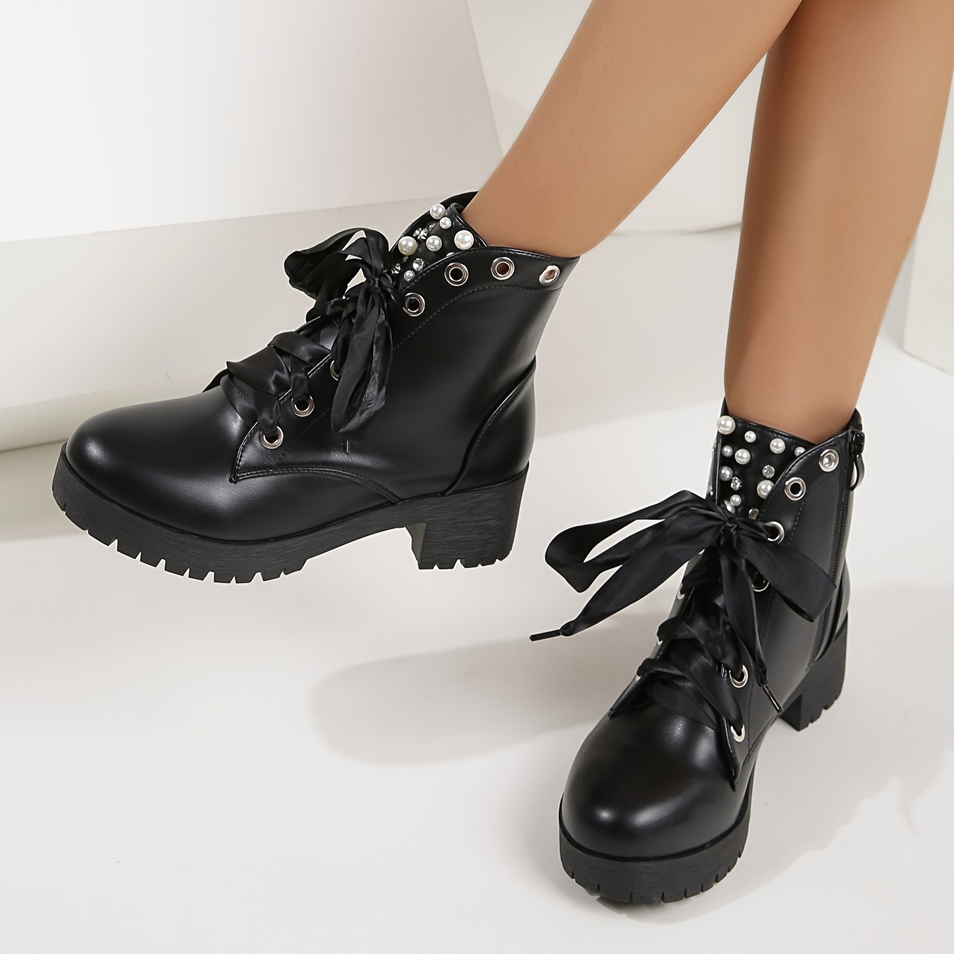 pearl lace up boots