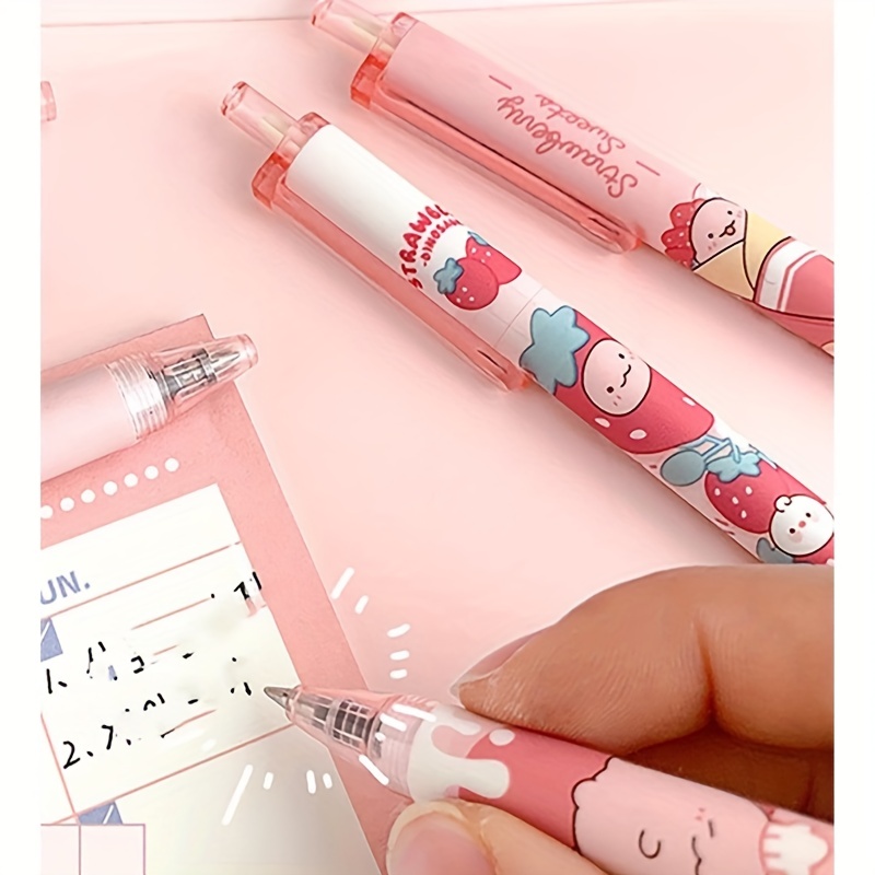 Strawberry Bunny Gel Pen, Push Type, Black, 0.5mm, 4 Pcs Set