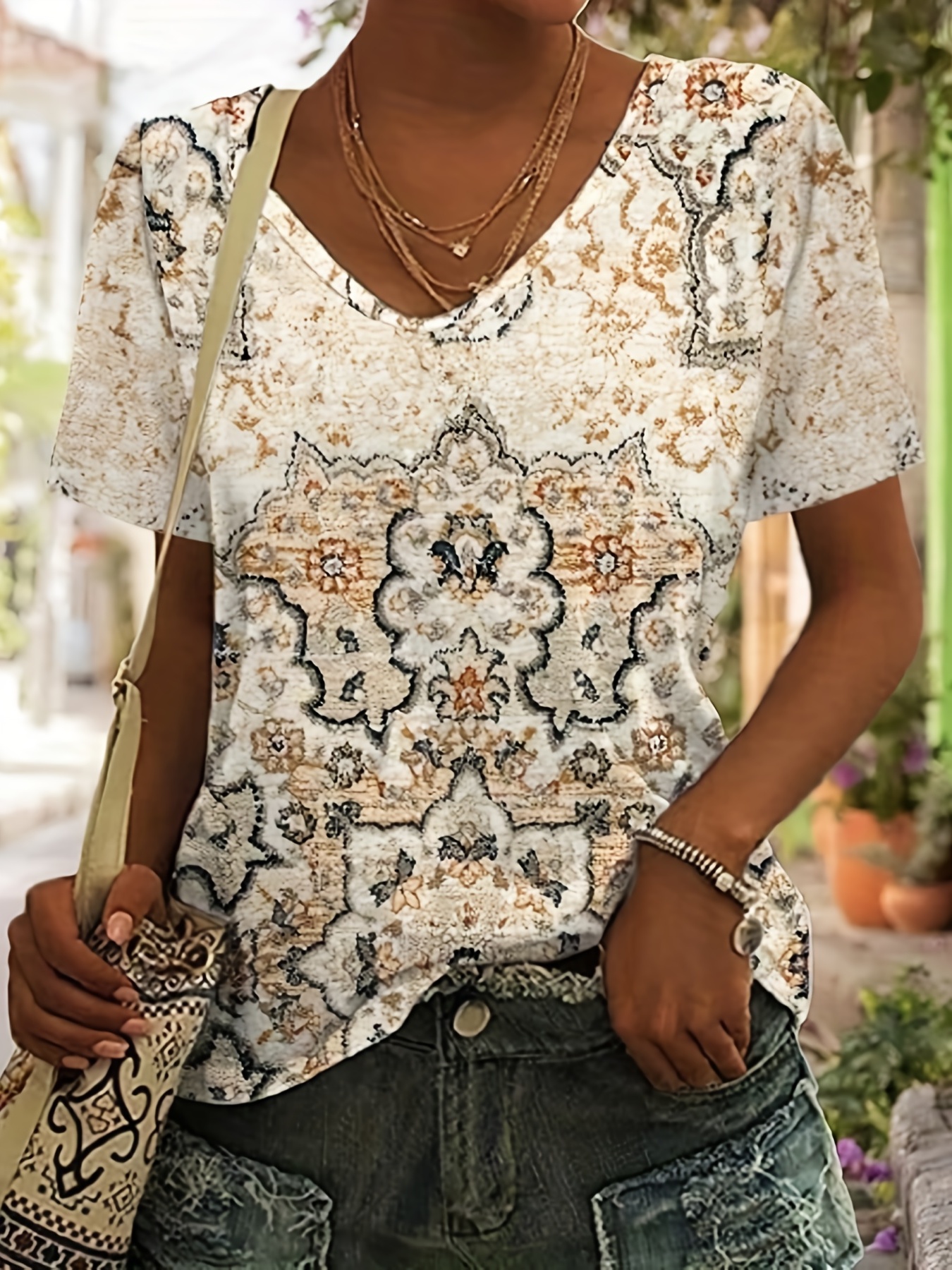Plus Size Boho Tshirt with V Neck and Graphic Design