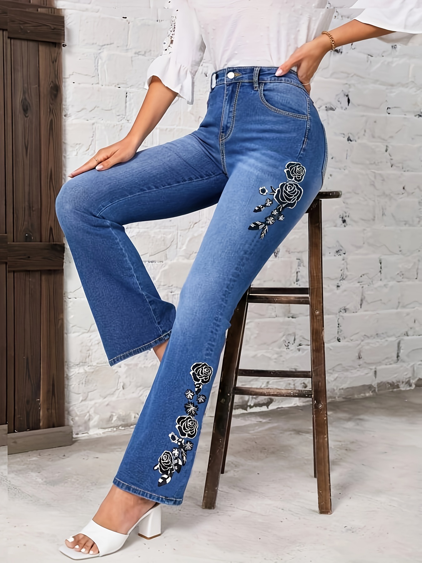 Navy Blue Floral Embroidered Flare Jeans, Mid-Stretch Slim Fit Bell Bottom  Jeans, Women's Denim Jeans & Clothing