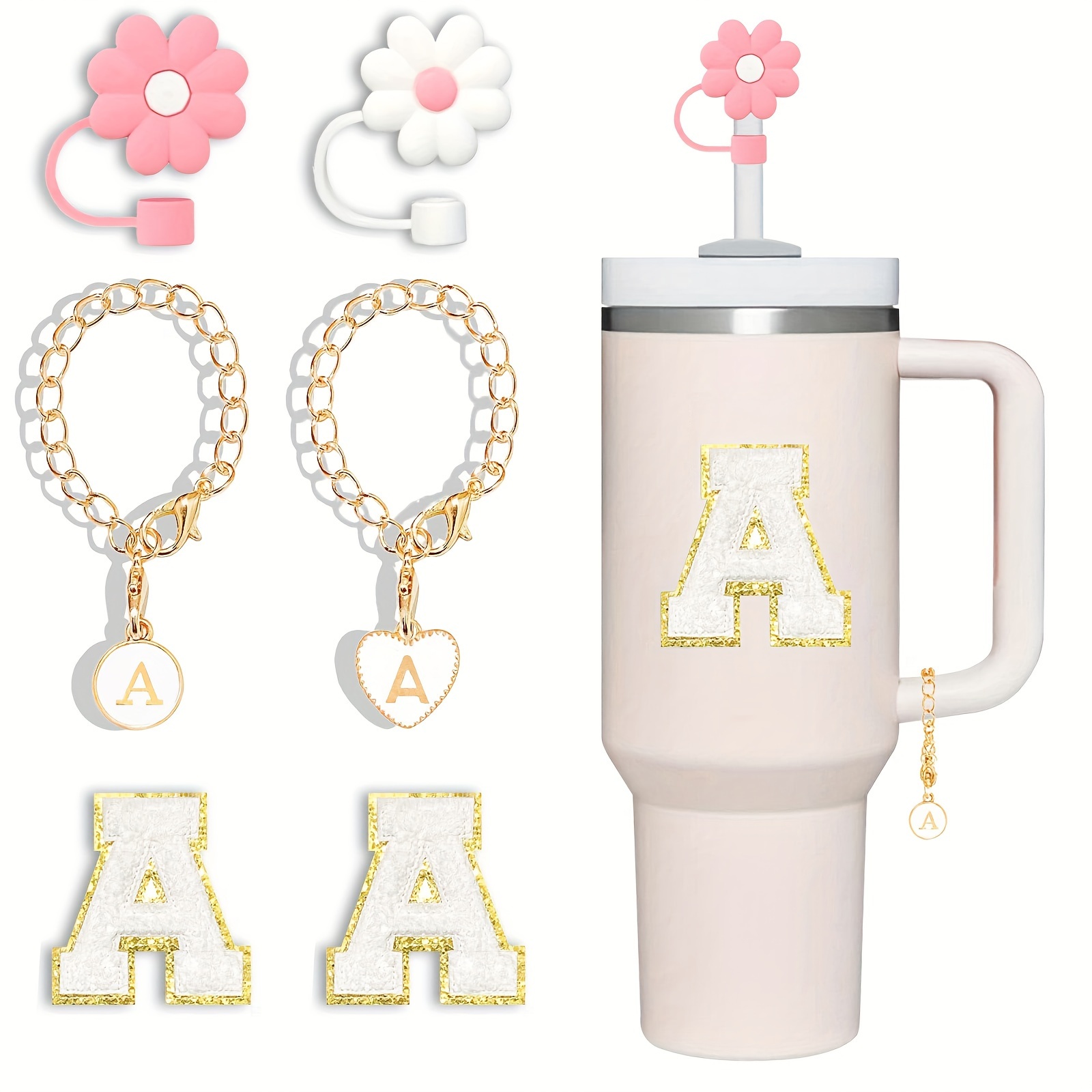 (2+2)2PCS Straw Cover for Stanley Cup 30&40 oz 10mm Straw Topper with 2pcs Stanley Cup Accessories Letter Charms Name ID Initial Letter Handle