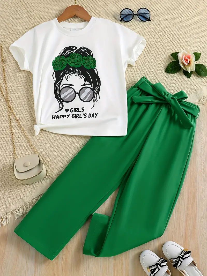 Cute Outfits Girls Short Sleeve Pullover + Solid Pants Bow - Temu
