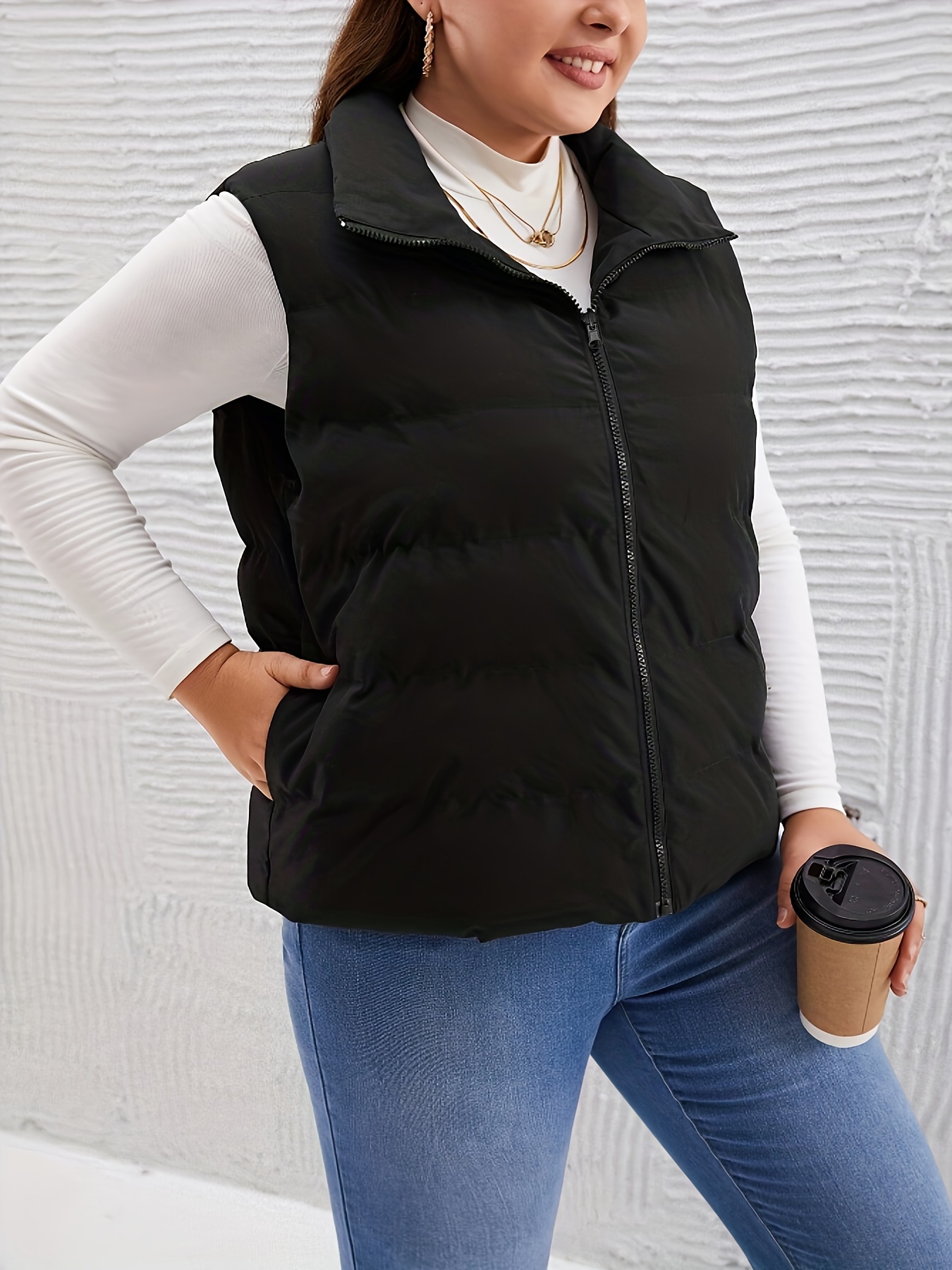 Women's Padded Solid Full-zip Cropped Puffer Vest, Elegant & Stylish  Outwear For Office & Work, Women's Jacket & Coat - Temu
