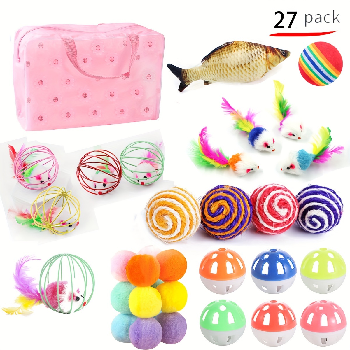 

27 balles arc-en-ciel, balles colorées, ensemble de jouets pour chat, sac à jouets inclus, balle d'entraînement pour chat